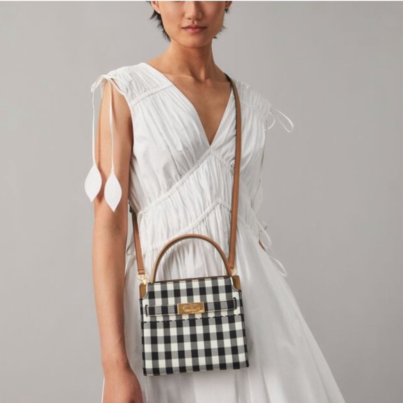 NWT Tory Burch Lee Radziwill gingham petite double bag BLACK/NEW IVORY GINGHAM - Picture 7 of 8
